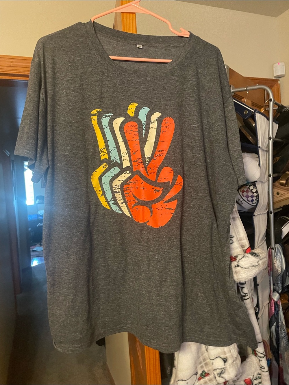 Gray Tee with Retro Peace Hand Graphic - Orange, Yellow, Teal